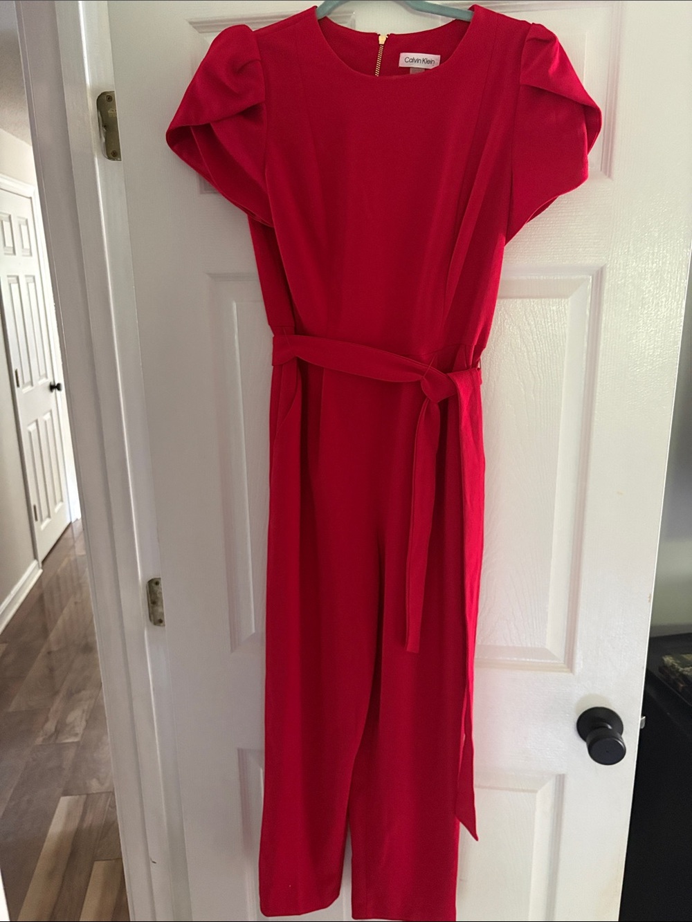 Calvin Klein Bright Red Midi Jumpsuit with Self Tie Belt